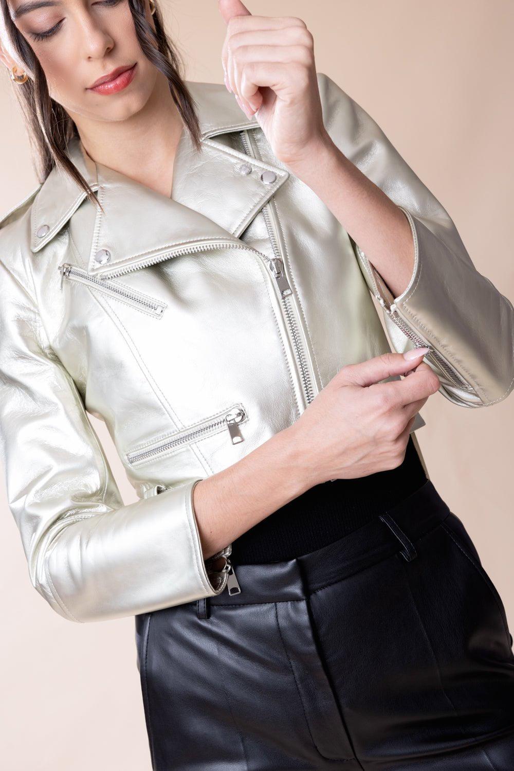ALEXANDER MCQUEEN-Cropped Biker Jacket - Champagne-
