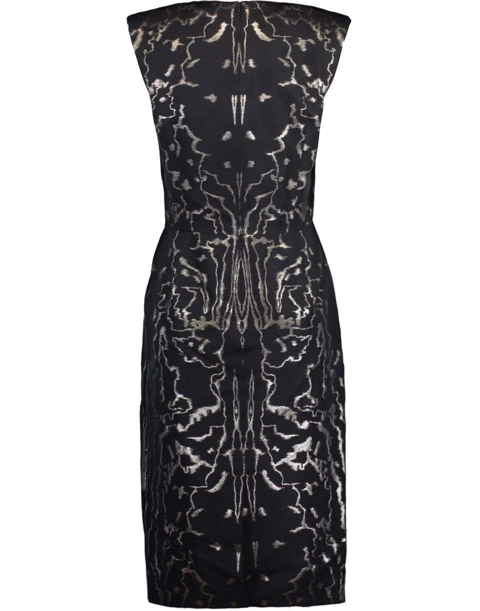 ALEXANDER MCQUEEN-Metallic V-Neck Pencil Dress-BLK/GLD