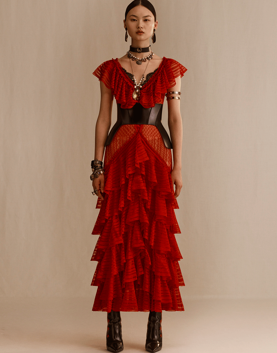 ALEXANDER MCQUEEN-Ruffle Knit Midi Dress-RED
