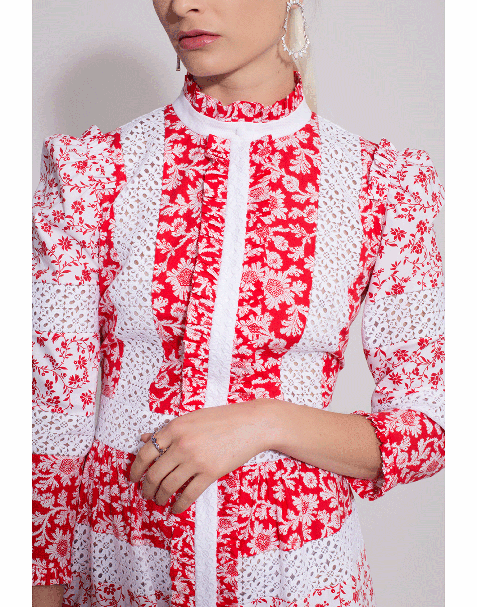 ALEXANDER MCQUEEN-Lace Insert Shirt Dress-RED/WHT
