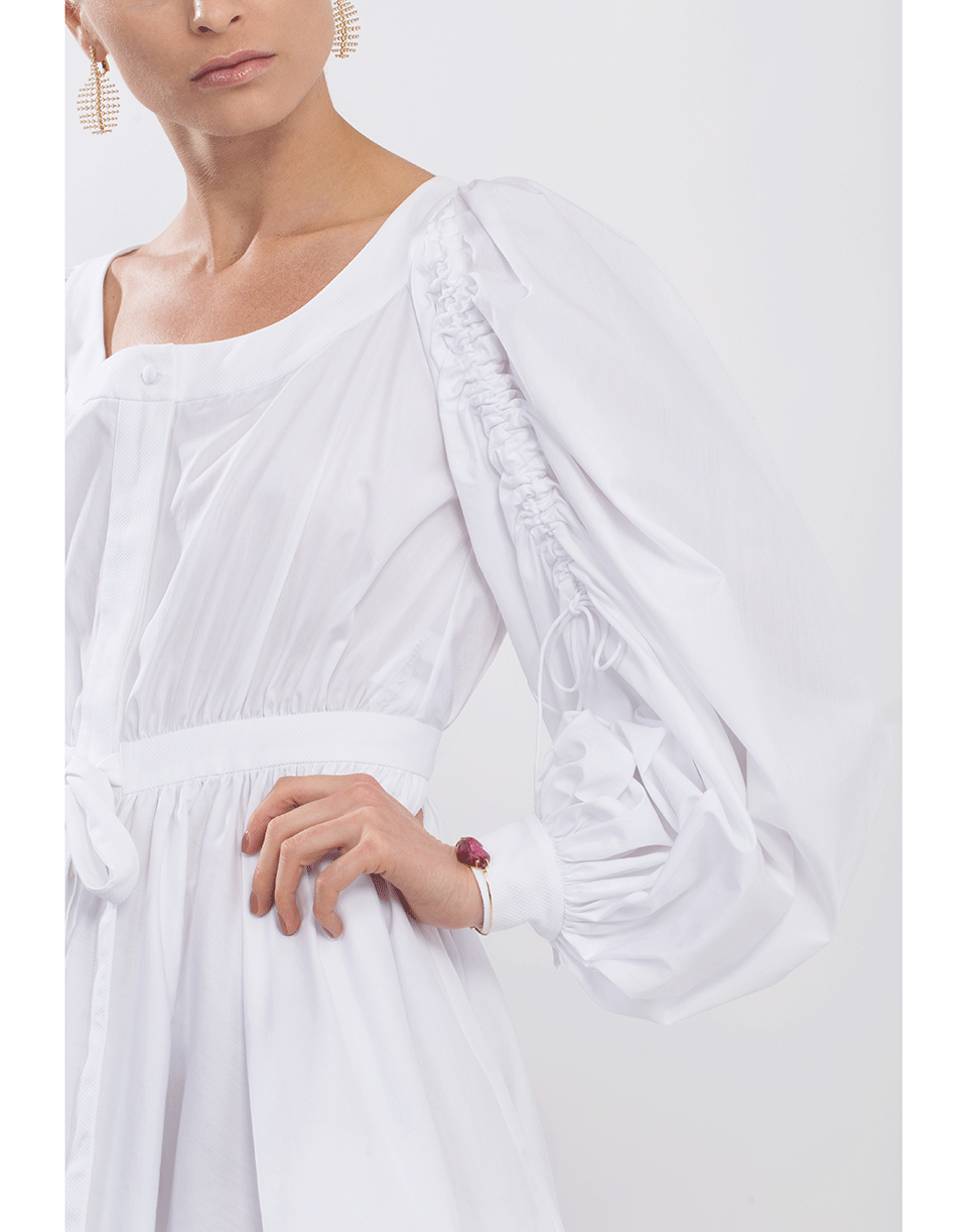 ALEXANDER MCQUEEN-Gathered Sleeve Grosgrain Ribbon Dress-WHITE