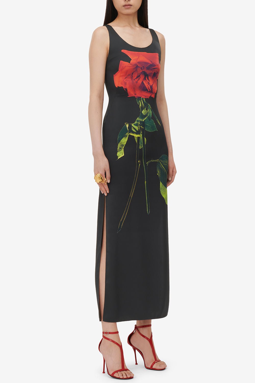ALEXANDER MCQUEEN-Rose Print Midi Dress-