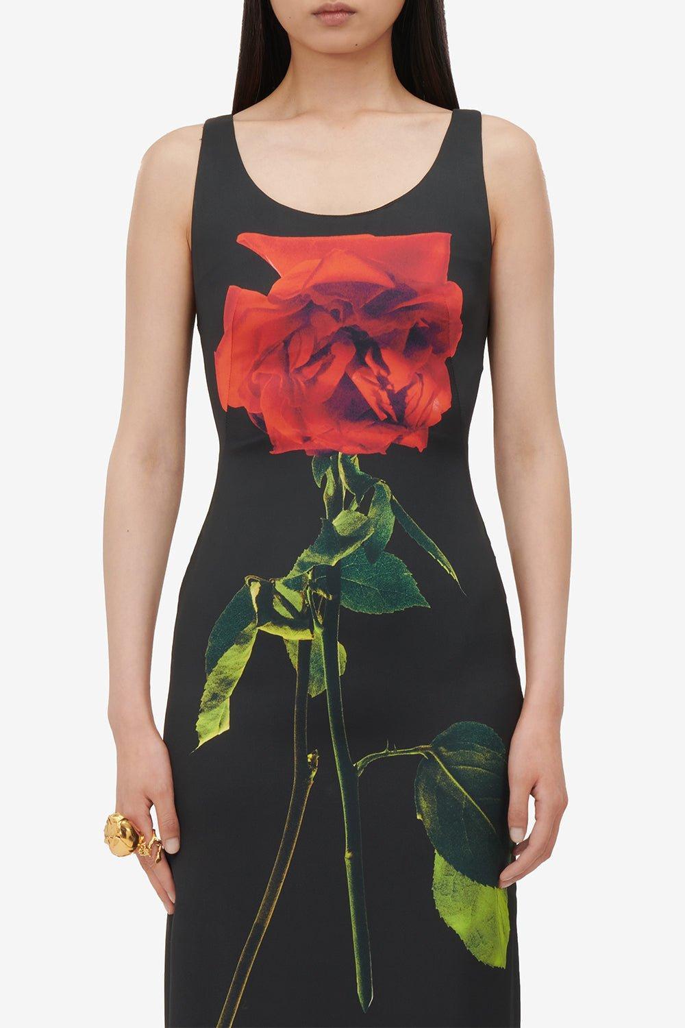 ALEXANDER MCQUEEN-Rose Print Midi Dress-