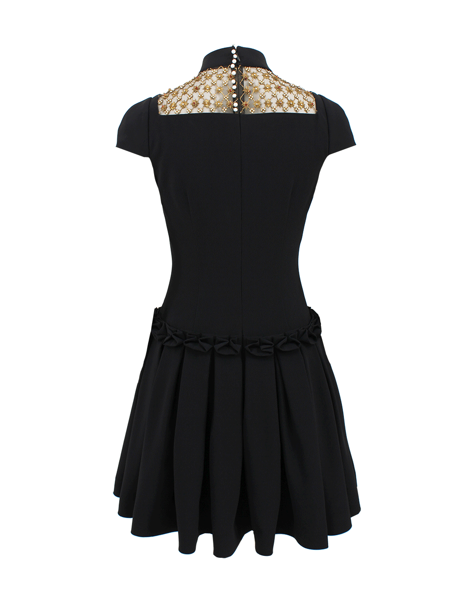 ALEXANDER MCQUEEN-Short Sleeve Embroidered Drop Waist Dress-BLACK