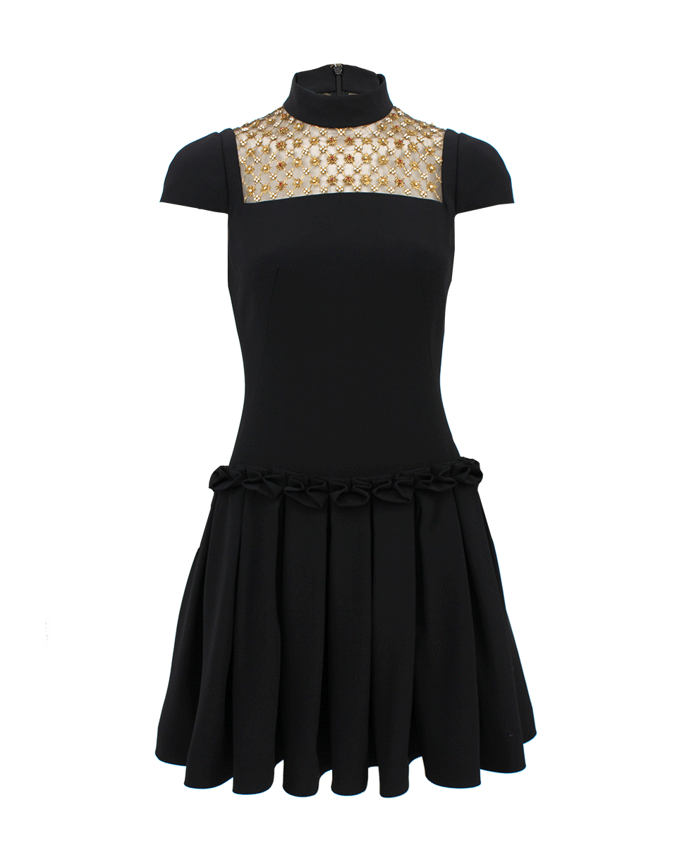 ALEXANDER MCQUEEN-Short Sleeve Embroidered Drop Waist Dress-BLACK