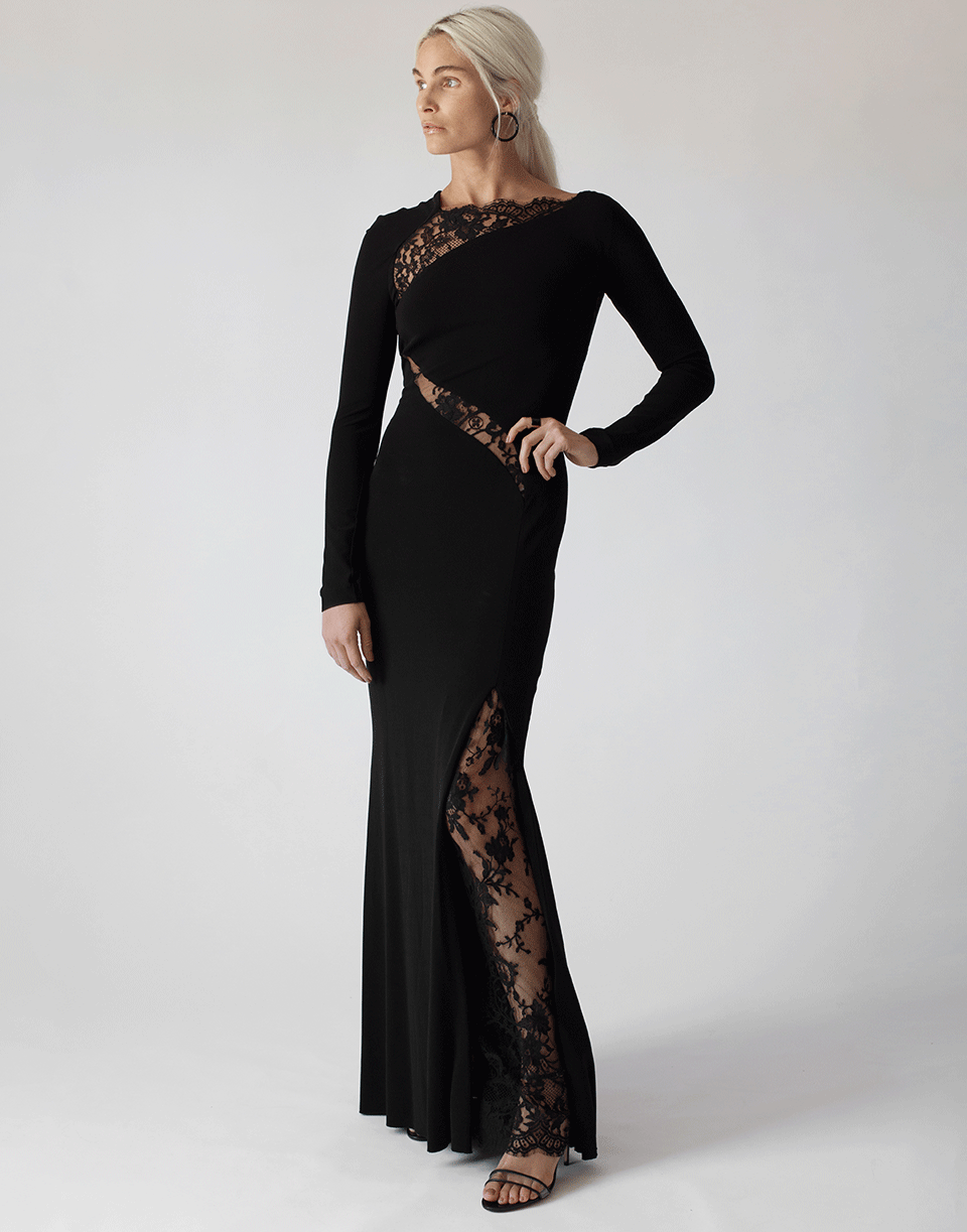 ALEXANDER MCQUEEN-Jersey Gown with Lace Inserts-BLACK