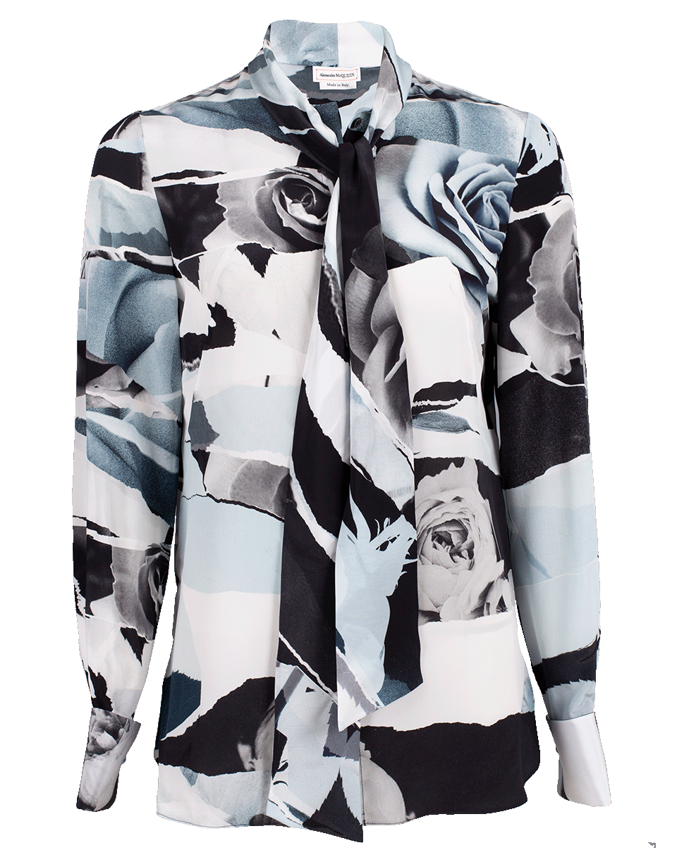 ALEXANDER MCQUEEN-Floral Print Neck Tie Blouse-BLU/IVRY