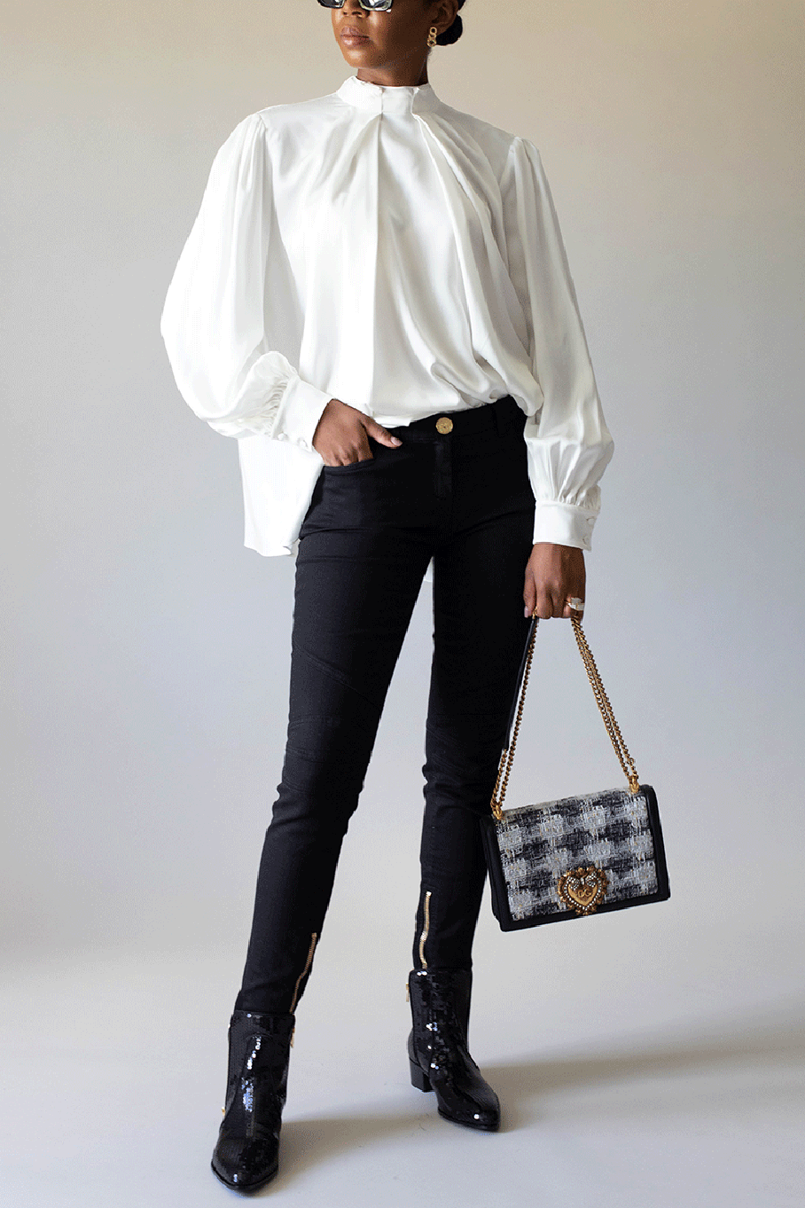 ALEXANDER MCQUEEN-Ivory Silk High Neck Blouse-