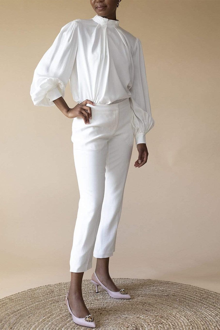 ALEXANDER MCQUEEN-Ivory Silk High Neck Blouse-