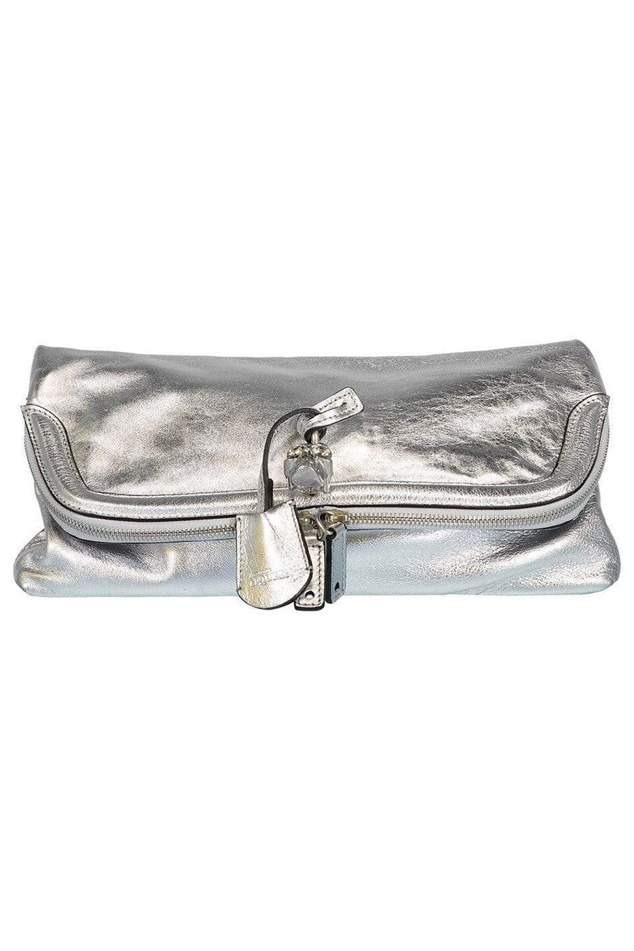 ALEXANDER MCQUEEN-Silver Skull Padlock Foldover Clutch-METALLIC