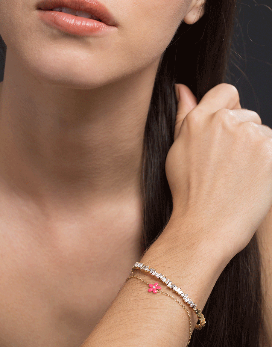 ALISON LOU-Neon Pink Enamel Wildflower Bracelet-YELLOW GOLD
