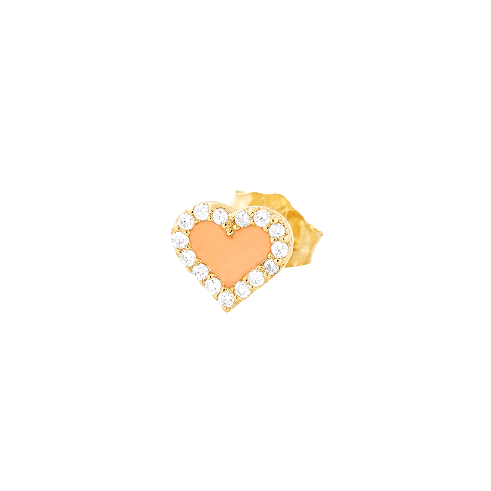 ALISON LOU-Coral Enamel And Diamond Heart Stud-YELLOW GOLD