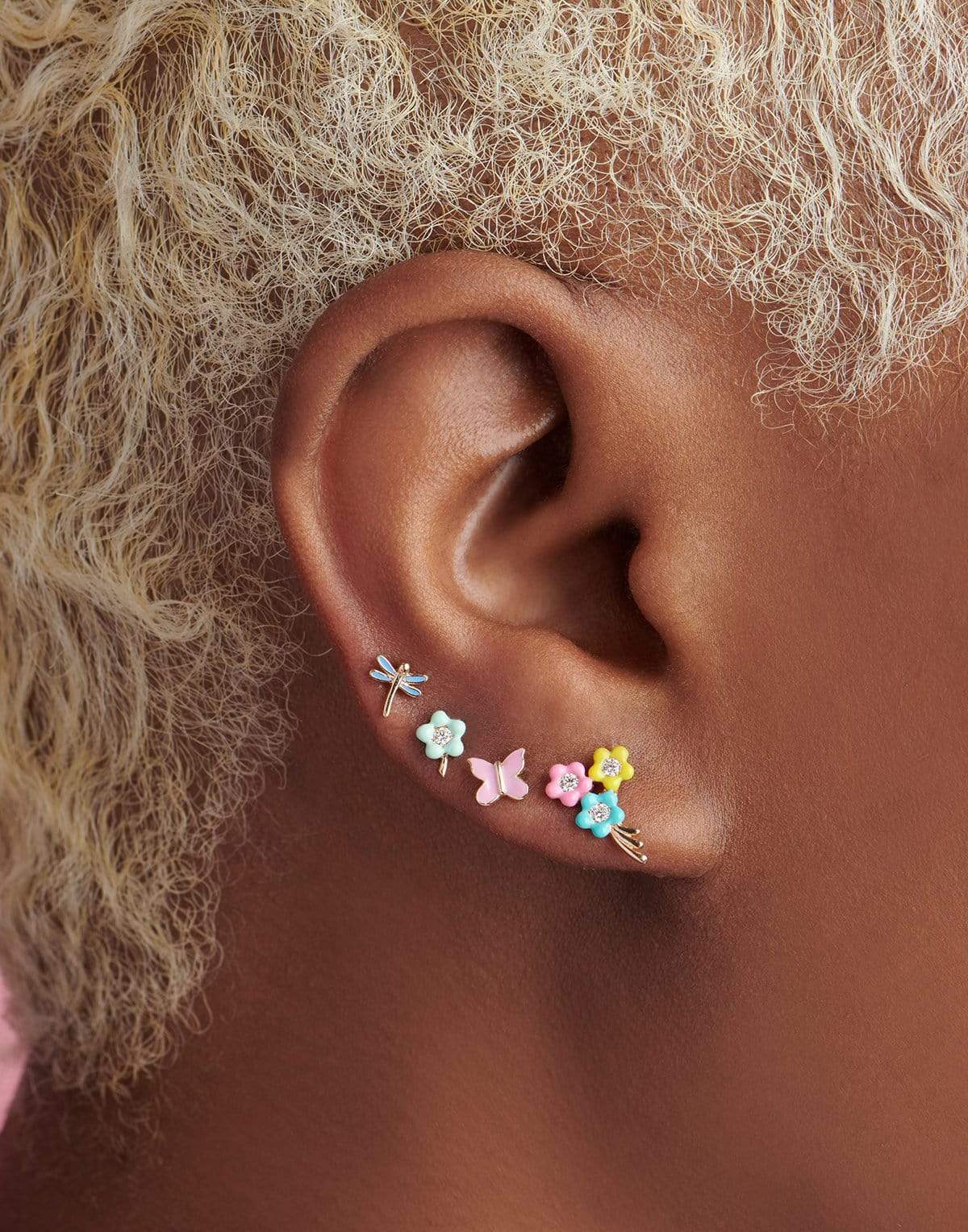 ALISON LOU-Pink Butterfly Stud-YELLOW GOLD