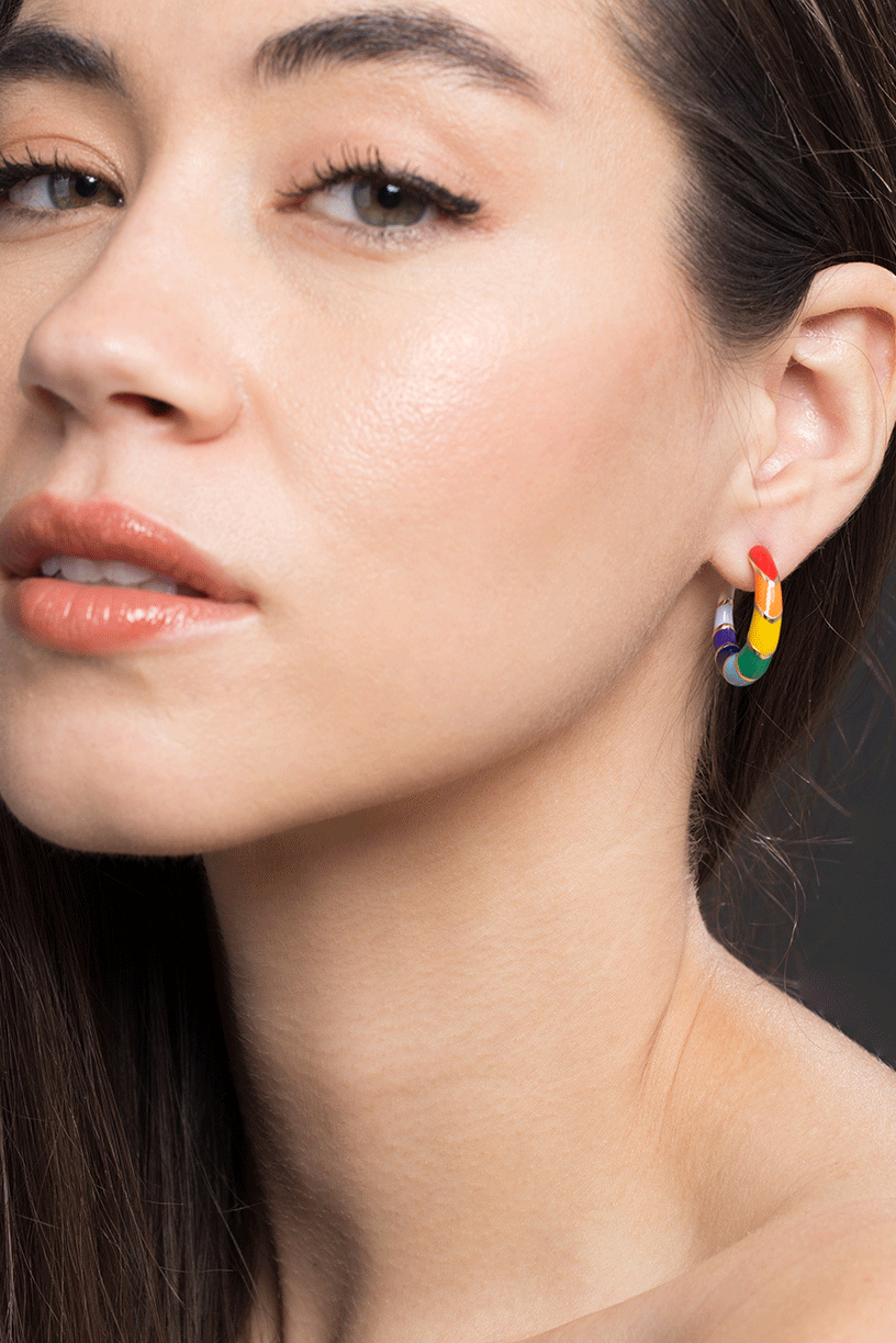 ALISON LOU-Rainbow Enamel Striped Hoops-YELLOW GOLD