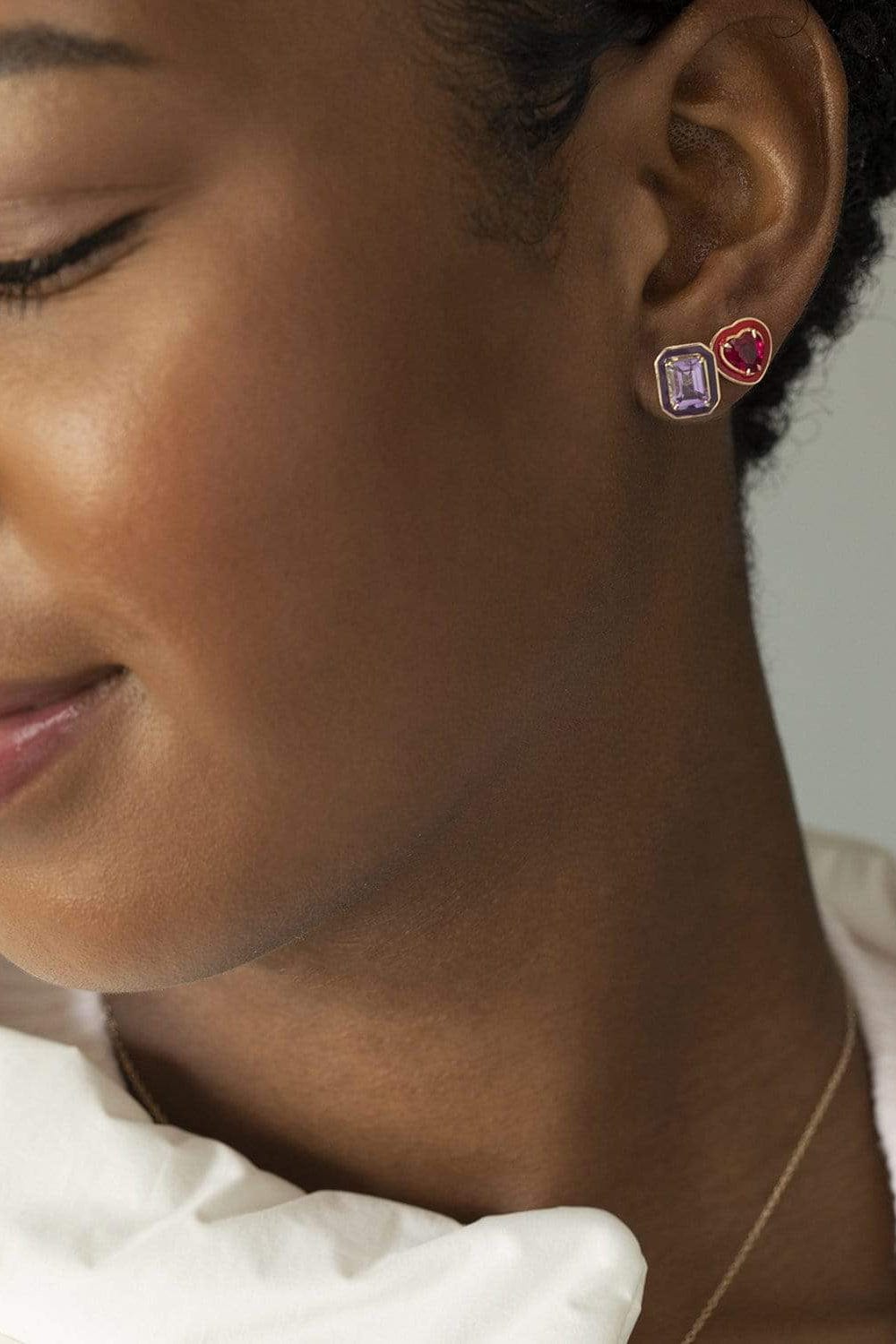ALISON LOU-Small Amethyst Rectangle Cocktail Studs-YELLOW GOLD