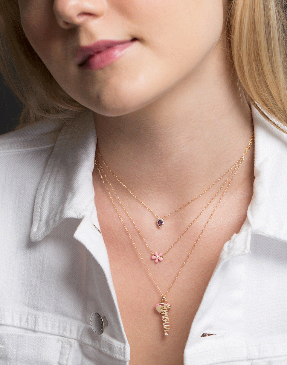 ALISON LOU-Pink Enamel Wildflower Necklace-YELLOW GOLD