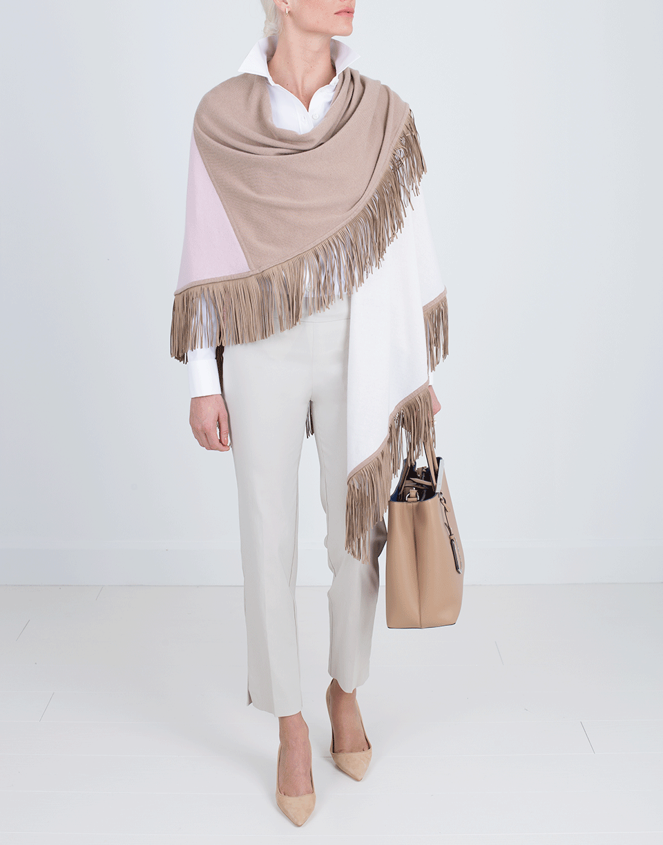 ALLUDE-Color Block Fringe Poncho-PNK/BGE