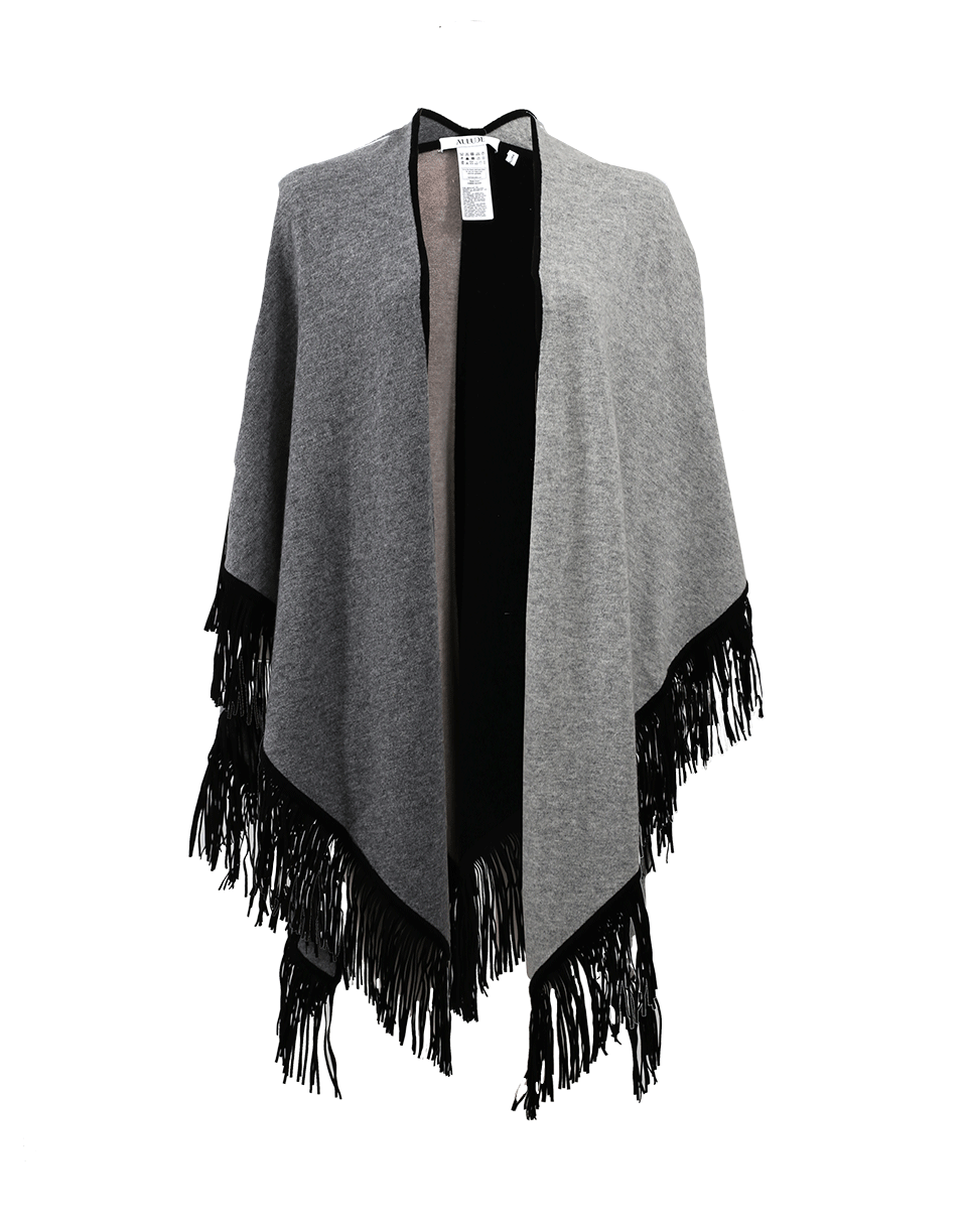ALLUDE-Bicolor Fringe Poncho-BLCK/GREY