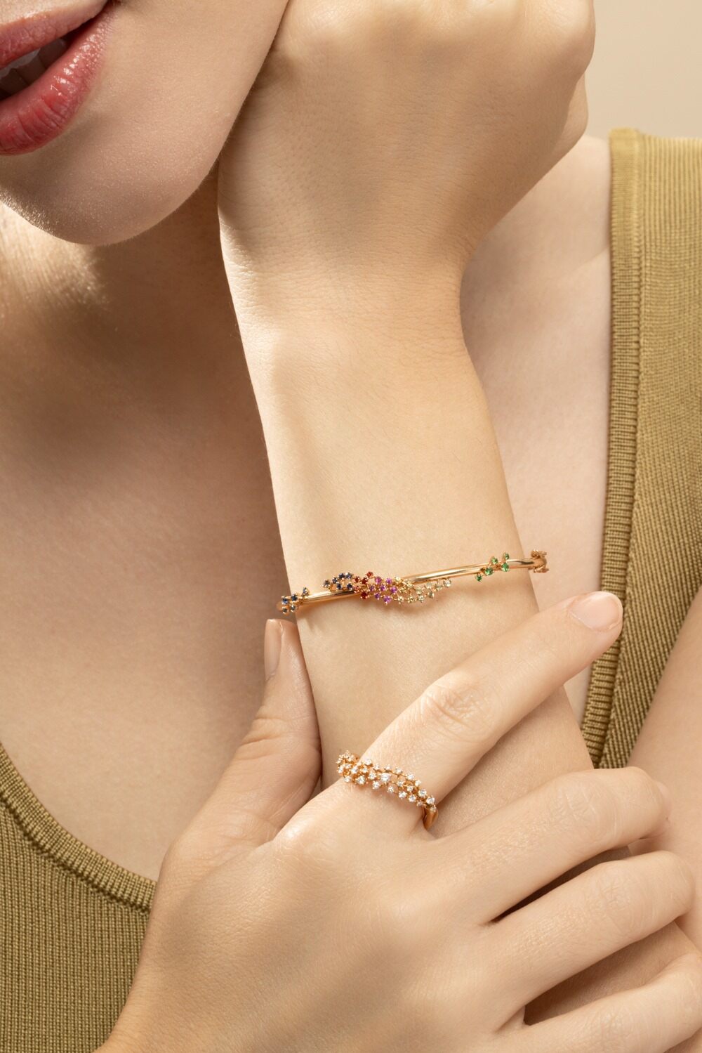 Sapphire Rainbow Scatter Bangle Bracelet-ROSE GOLD-JEWELRYFINE JEWELBRACELET O-ANANYA