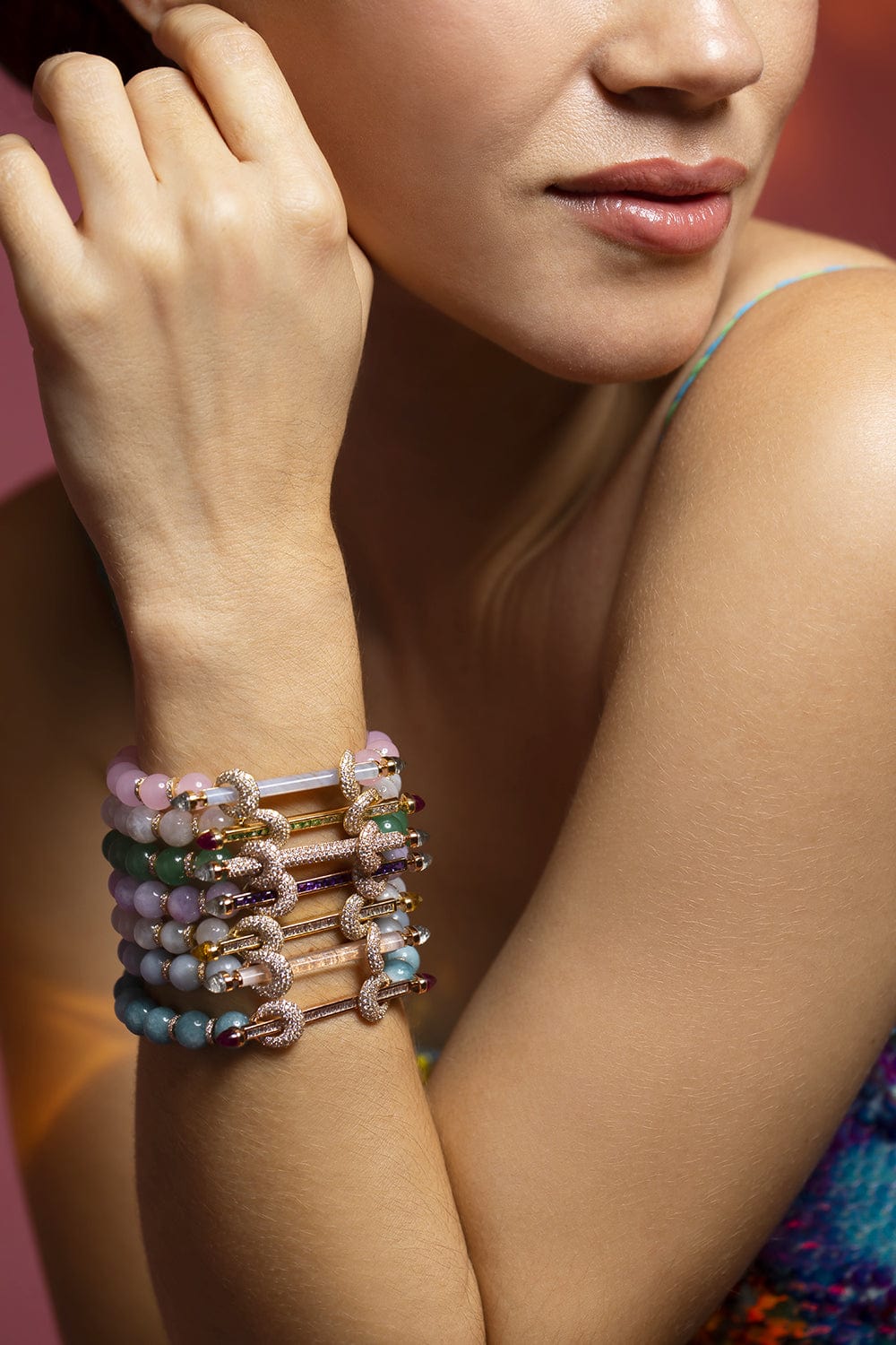 ANANYA-Agate Rose Quartz Chakra Bracelet-YELLOW GOLD