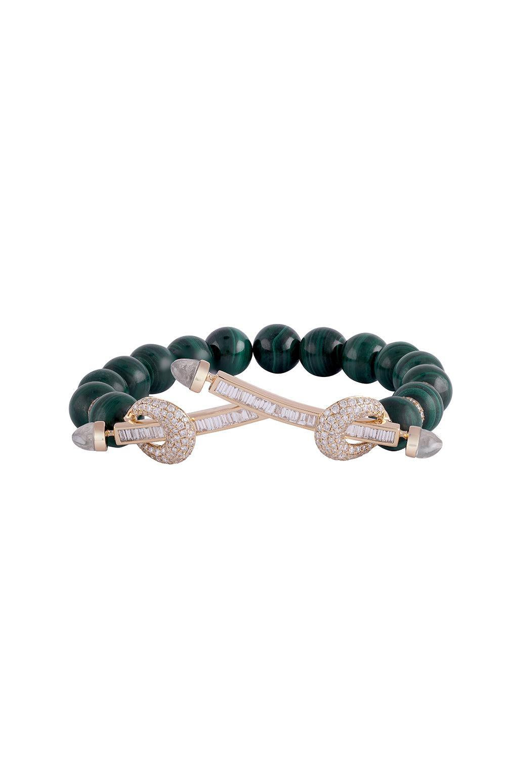 Malachite Diamond Double Bar Chakra Bracelet-YELLOW GOLD-JEWELRYFINE JEWELBRACELET O-ANANYA