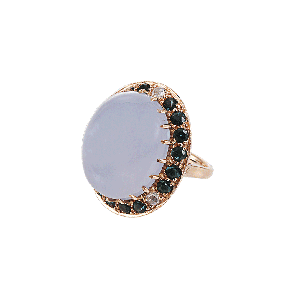 ANDREA FOHRMAN-Oval Chalcedony with Teal Tourmaline and Rosecut Diamond Ring-ROSE GOLD
