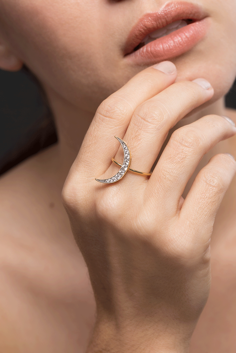 ANDREA FOHRMAN-Medium White Diamond Luna Ring-YELLOW GOLD