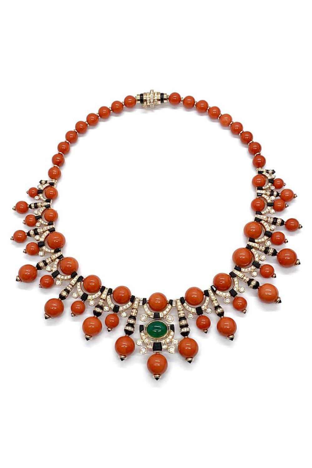 Diamond Emerald Coral Black Onyx Necklace-ROSE GOLD-JEWELRYFINE JEWELNECKLACE O-ANDREOLI