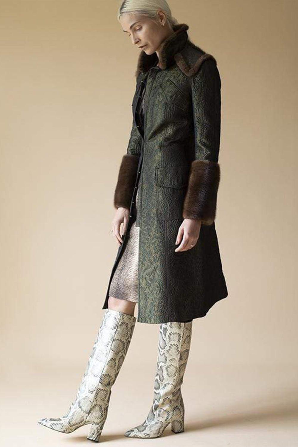 ANDREW GN-Brocade Coat with Mink Trim-GREEN
