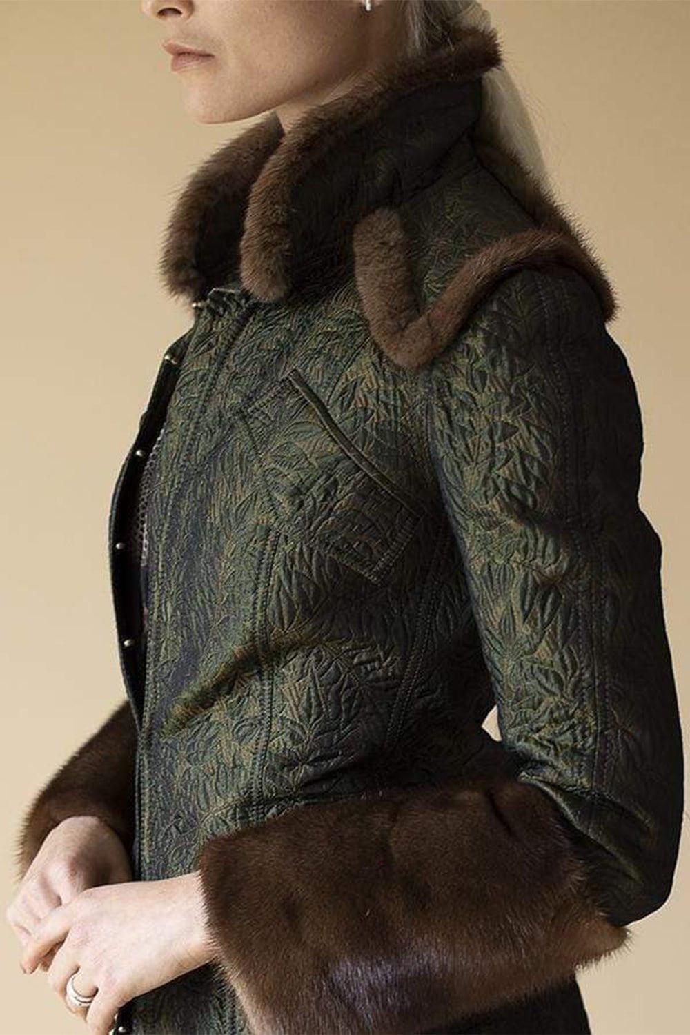 ANDREW GN-Brocade Coat with Mink Trim-GREEN