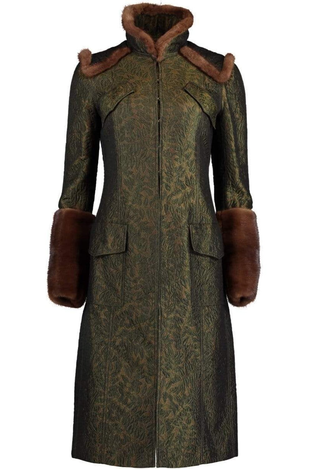 ANDREW GN-Brocade Coat with Mink Trim-GREEN