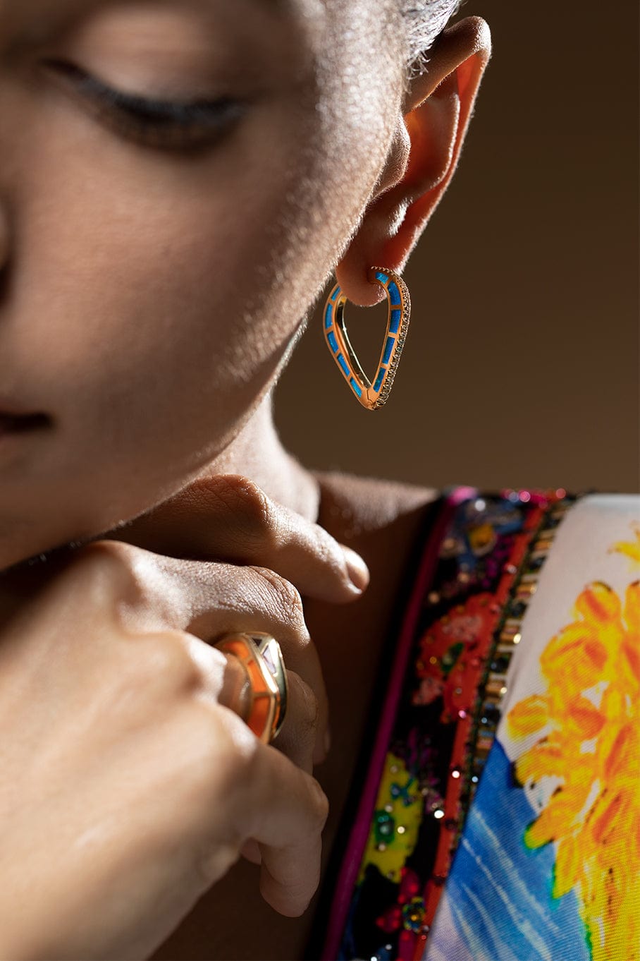 ANDY LIF-Blue Enamel and Diamond Cobra Hoops-YELLOW GOLD