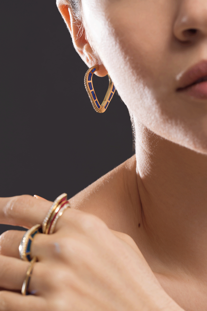ANDY LIF-Blue Enamel and Diamond Cobra Hoops-YELLOW GOLD