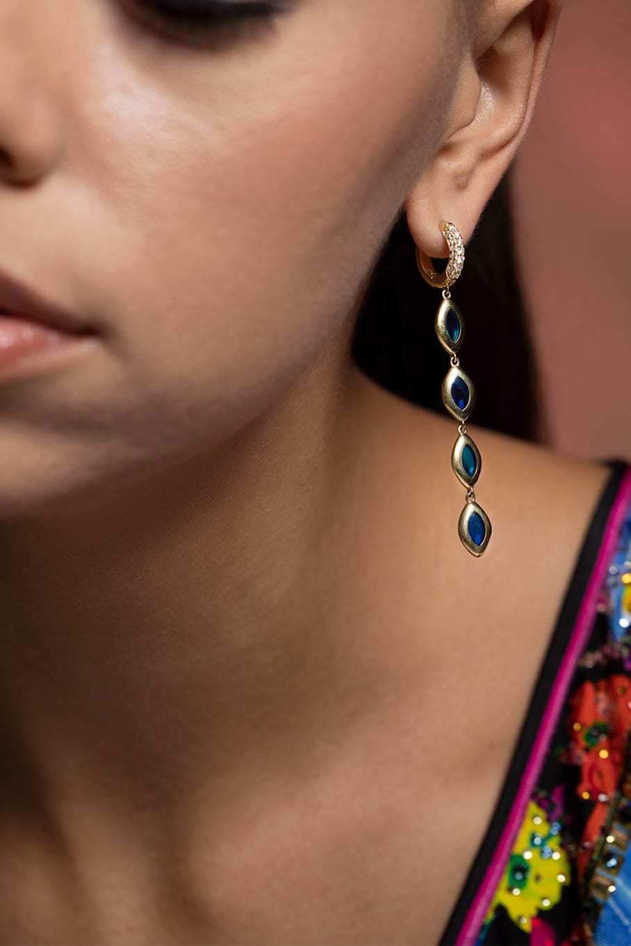 ANDY LIF-Light Blue and Blue Diamond Huggie Drop Earrings-YELLOW GOLD