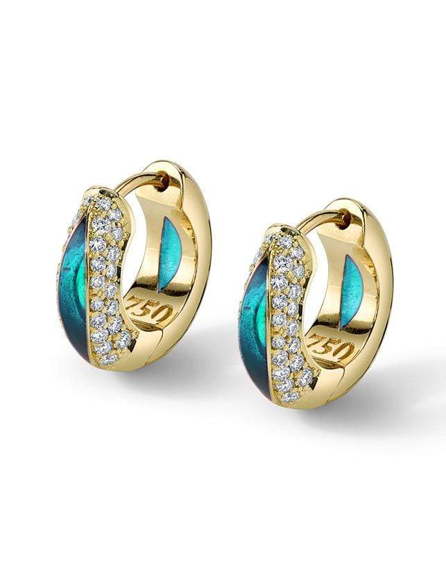 ANDY LIF-Light Blue Enamel and Diamond Huggies-YELLOW GOLD
