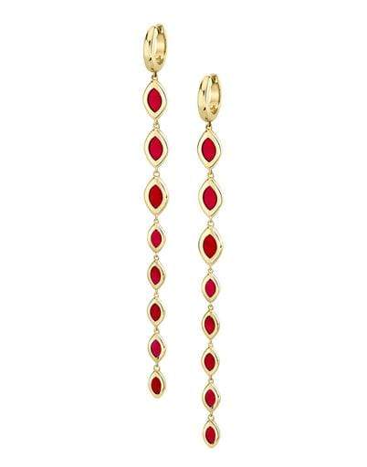 ANDY LIF-Red Enamel Shoulder Duster Huggie Drop Earrings-YELLOW GOLD