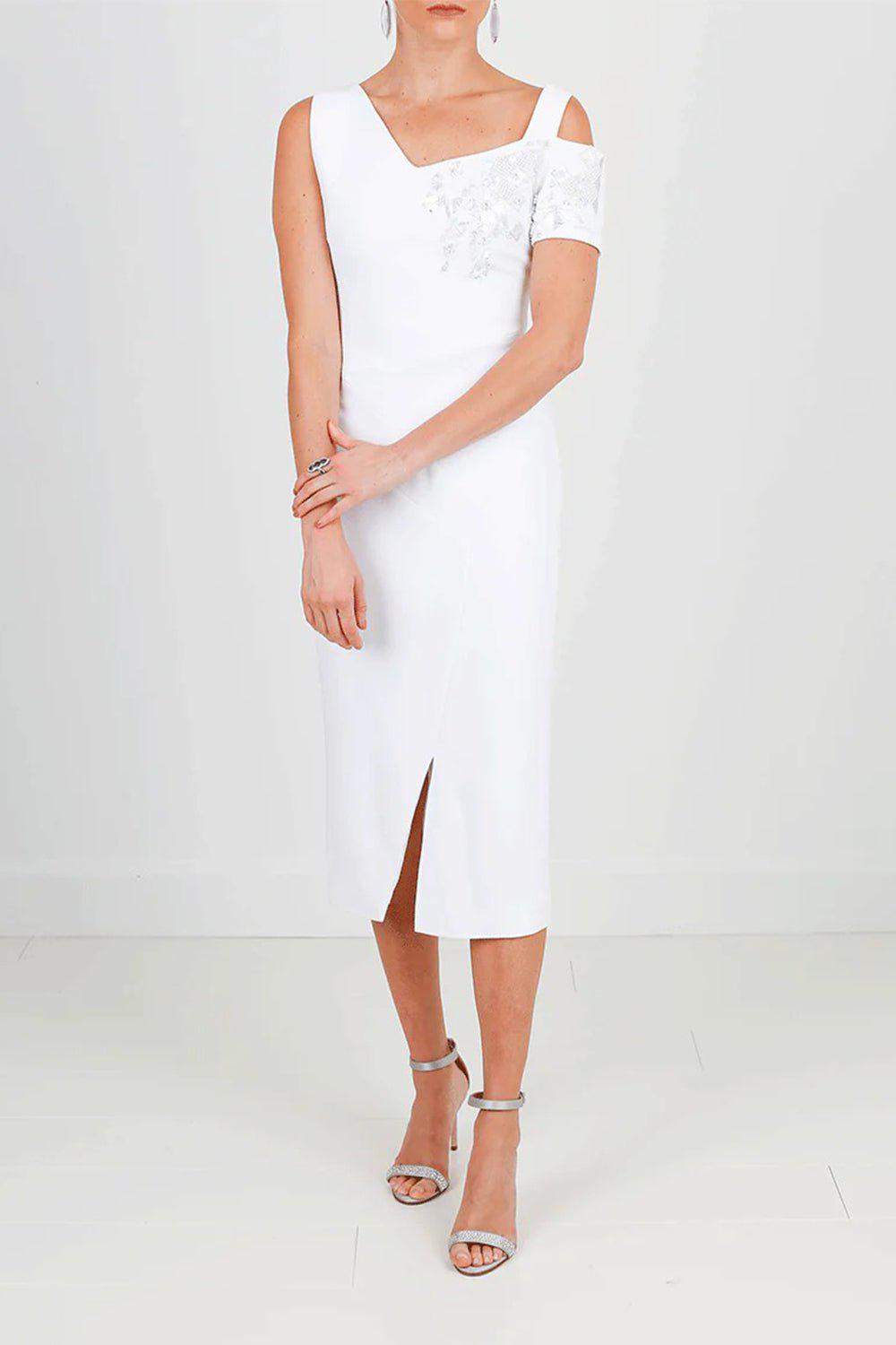 ANTONIO BERARDI-Off Shoulder Embroidered Dress-OPTICWHT