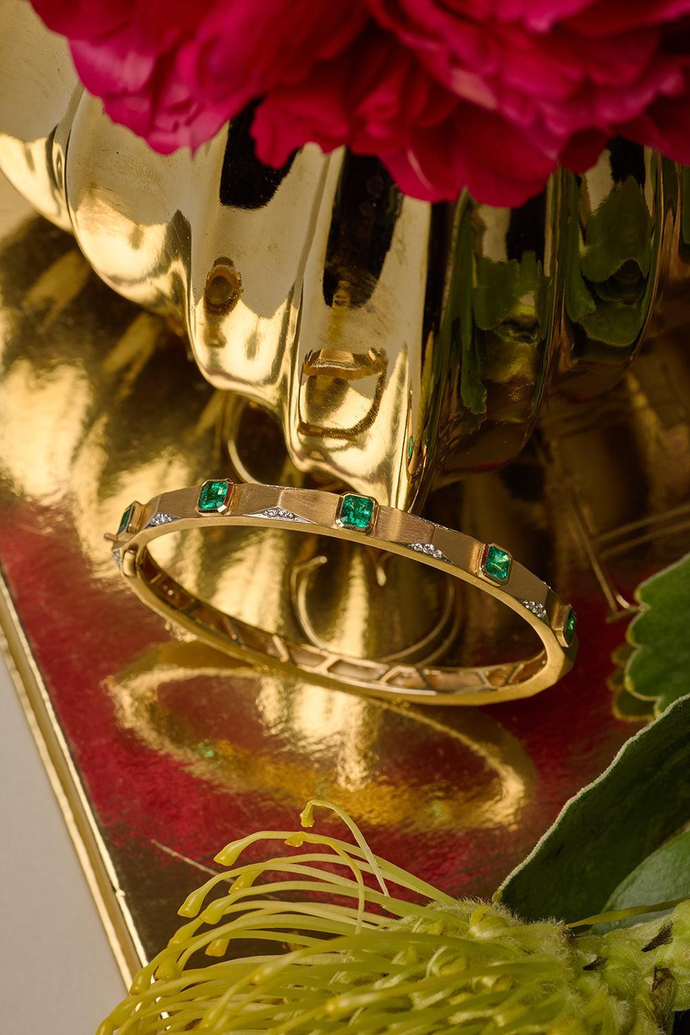 Emerald Baguette Enigma Bangle Bracelet-YELLOW GOLD-JEWELRYFINE JEWELBRACELET O-ARUNASHI