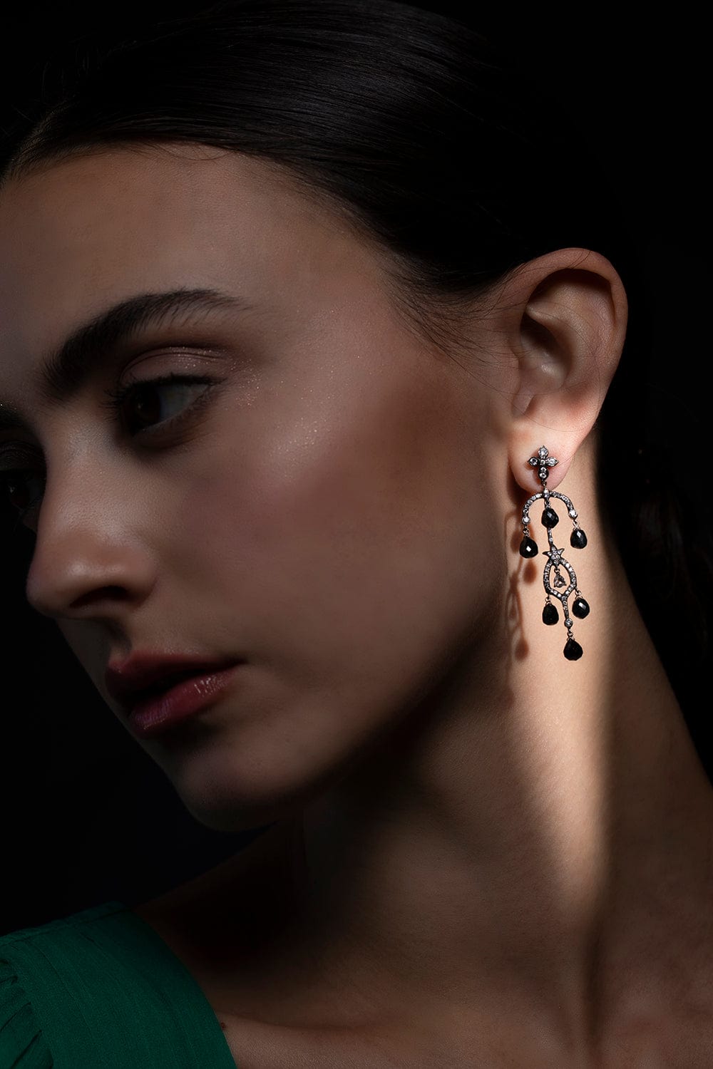 ARUNASHI-Black Diamond Chandelier Earrings-BLACK GOLD