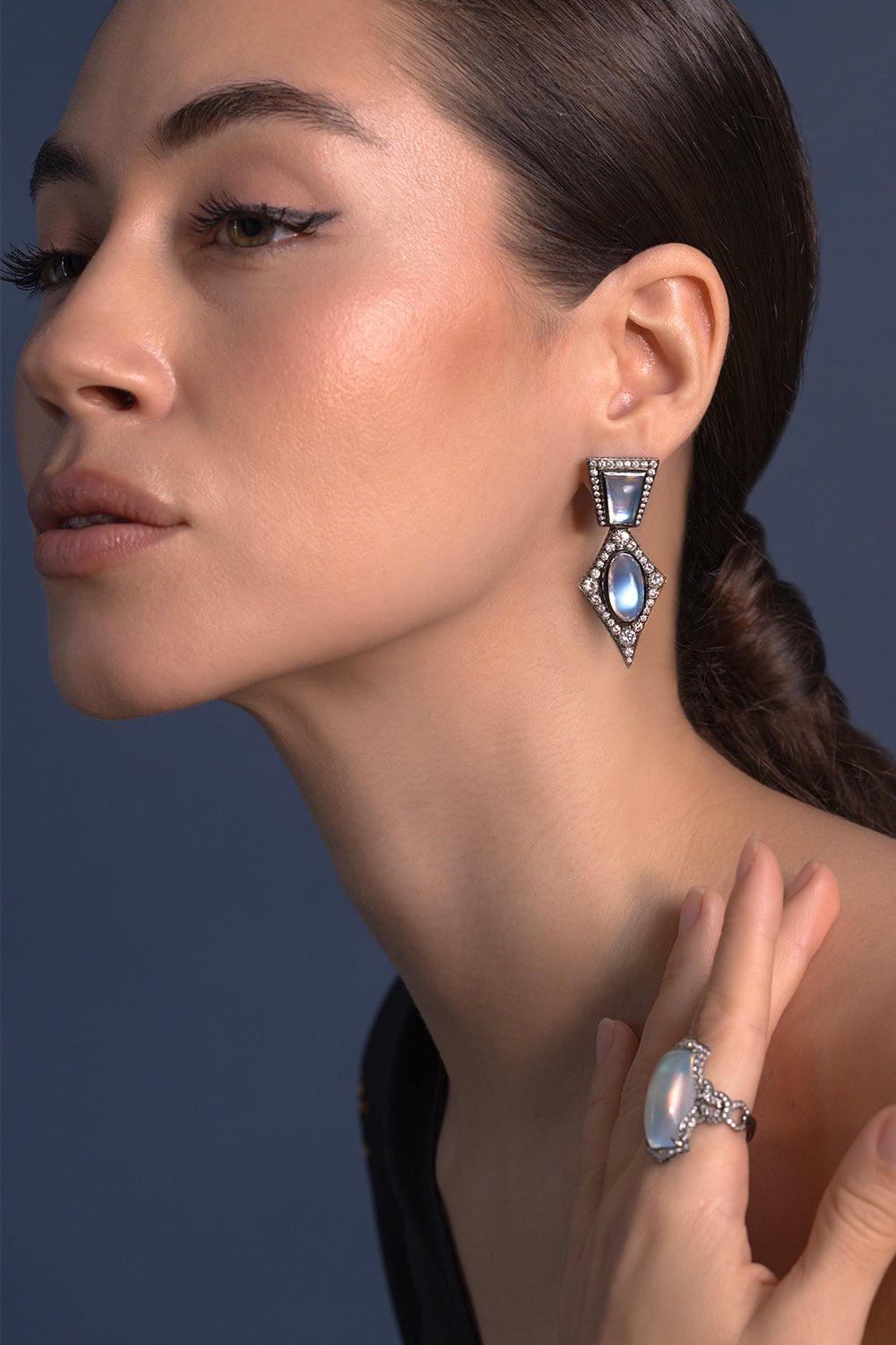 ARUNASHI-Blue Moonstone Earrings-BLACK GOLD