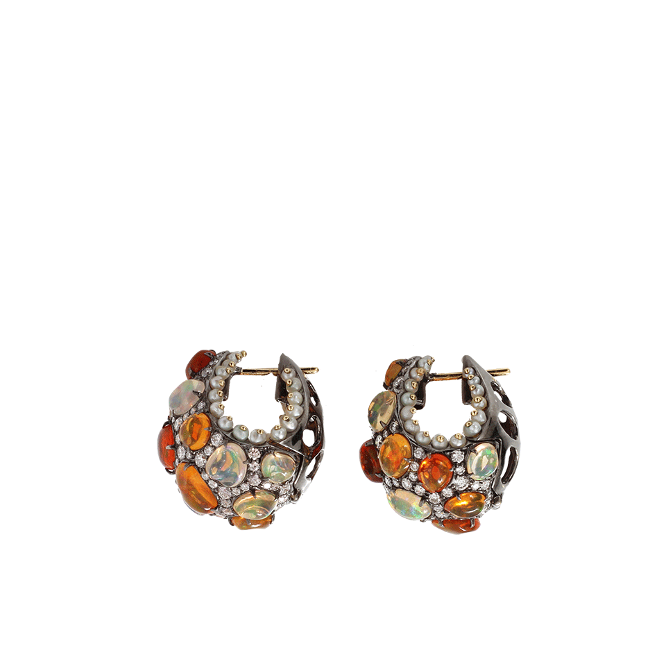 ARUNASHI-Fire Opal And Pearl Hoop Earrings-BLACK GOLD