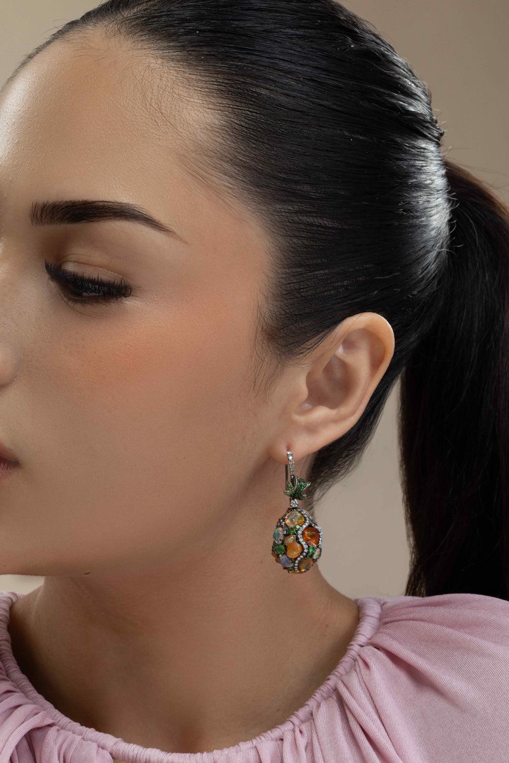 Fire Opal Tsavorite Diamond Egg Earrings-BLACK GOLD-JEWELRYFINE JEWELEARRING-ARUNASHI