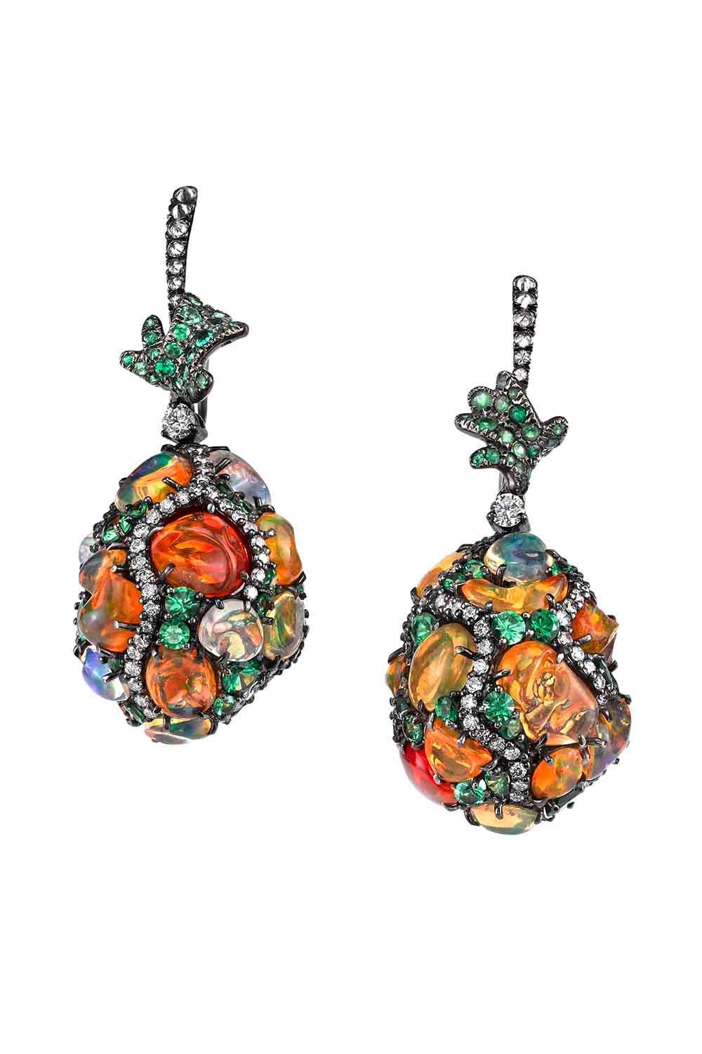Fire Opal Tsavorite Diamond Egg Earrings-BLACK GOLD-JEWELRYFINE JEWELEARRING-ARUNASHI