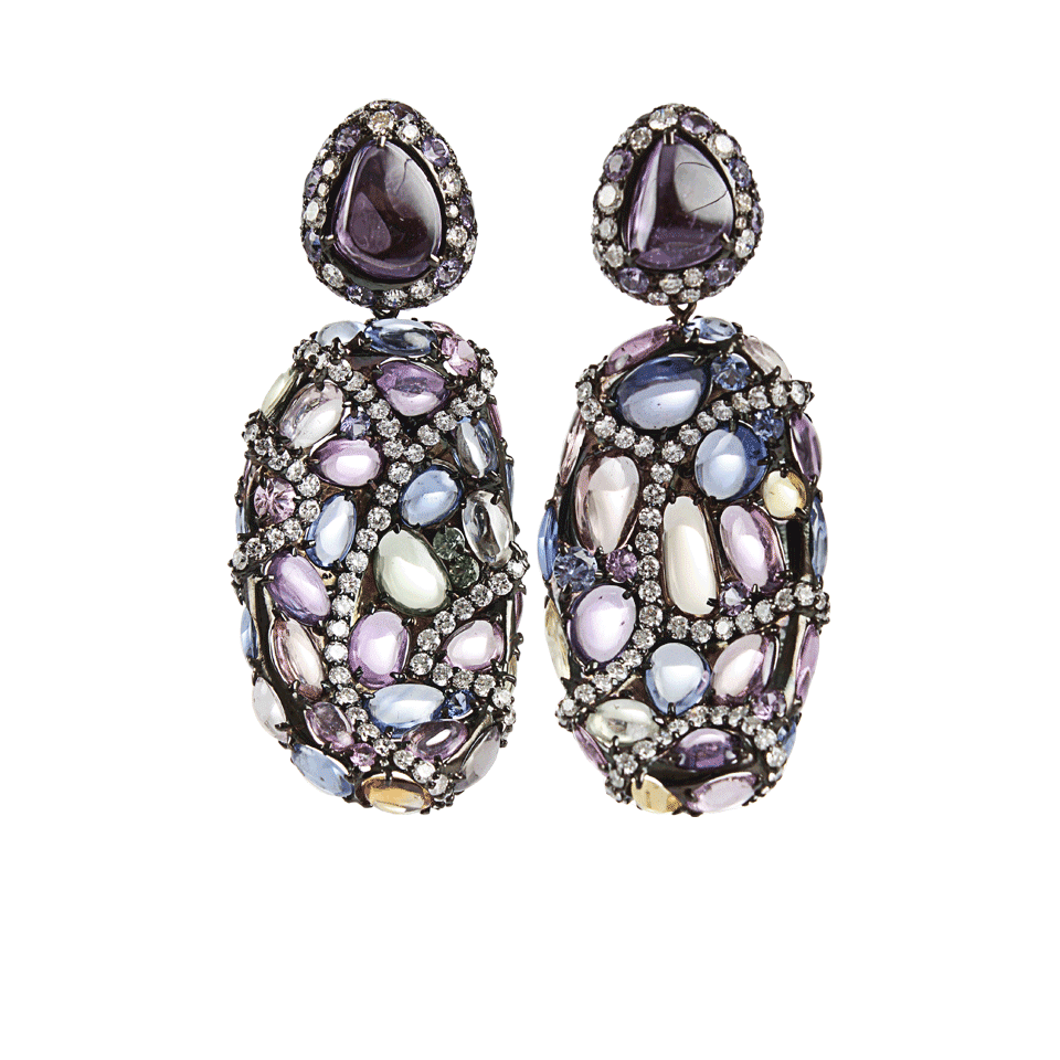 ARUNASHI-Mixed Sapphire Diamond Drop Earrings-BLCK GLD