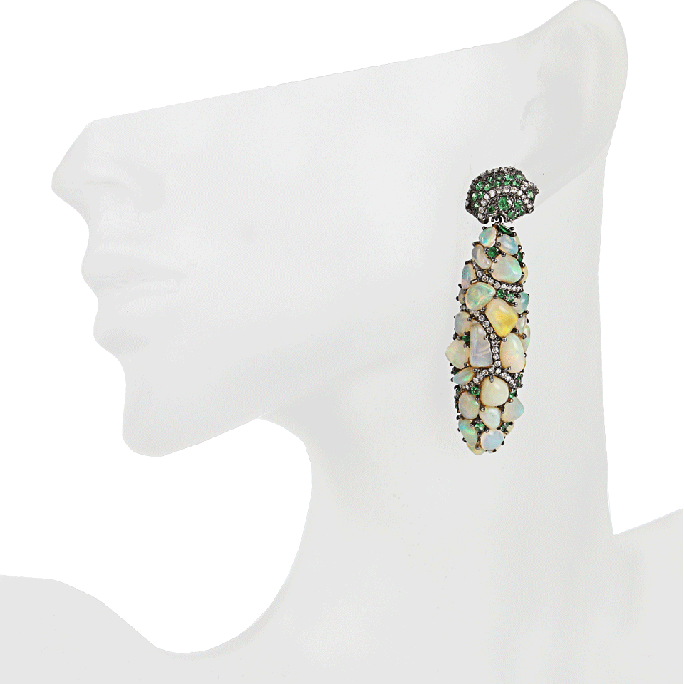 ARUNASHI-Large Opal, Tsavorite and Diamond Drop Earrings-BLK GOLD
