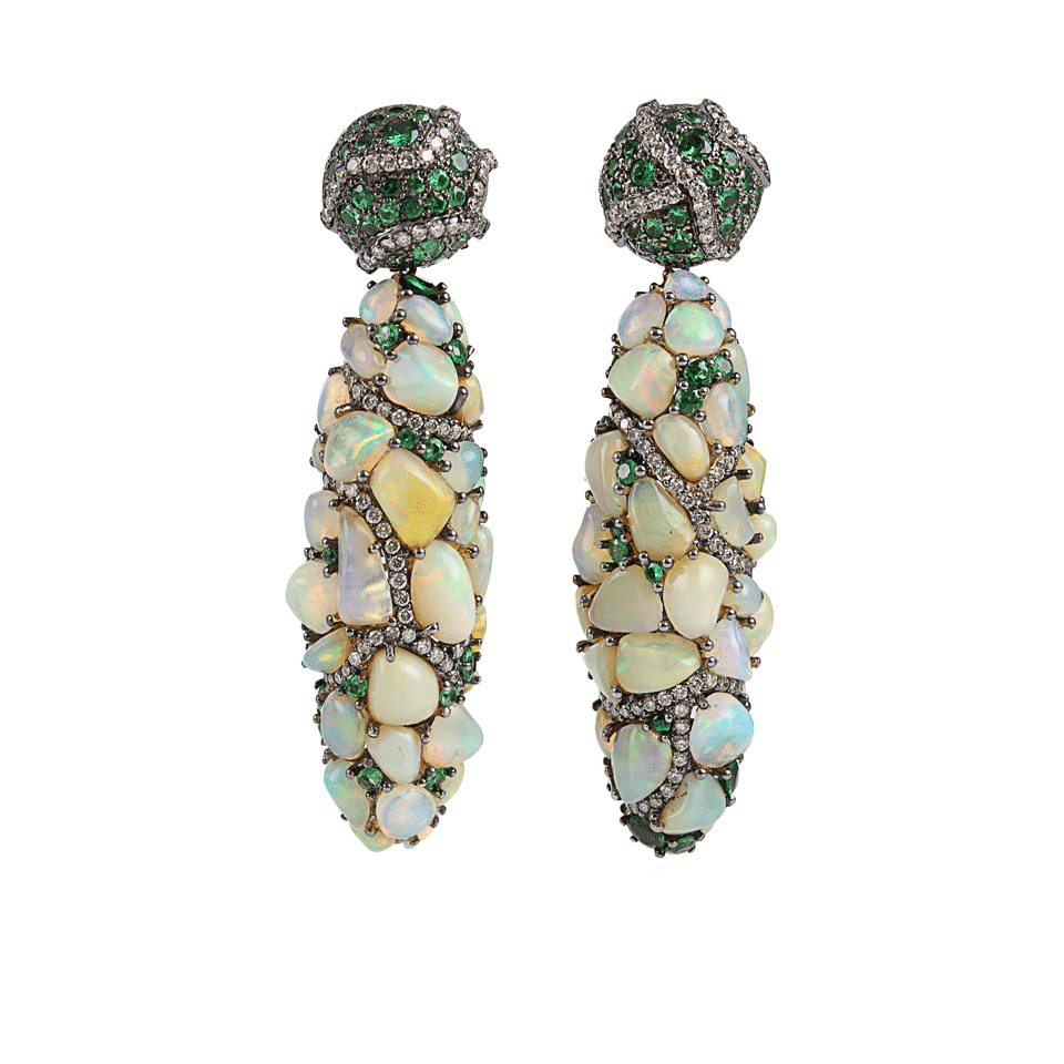 ARUNASHI-Large Opal, Tsavorite and Diamond Drop Earrings-BLK GOLD