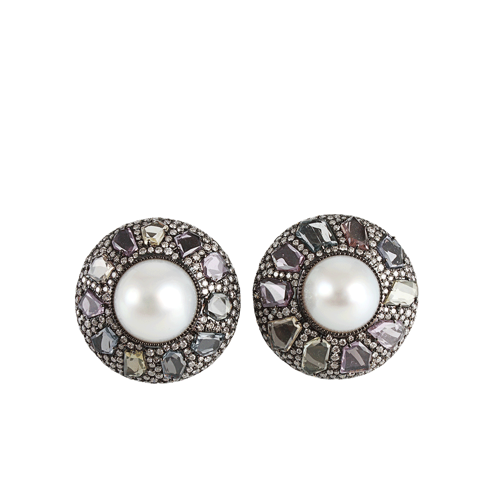ARUNASHI-Large Pearl and Sapphire Button Earrings-BLK GOLD