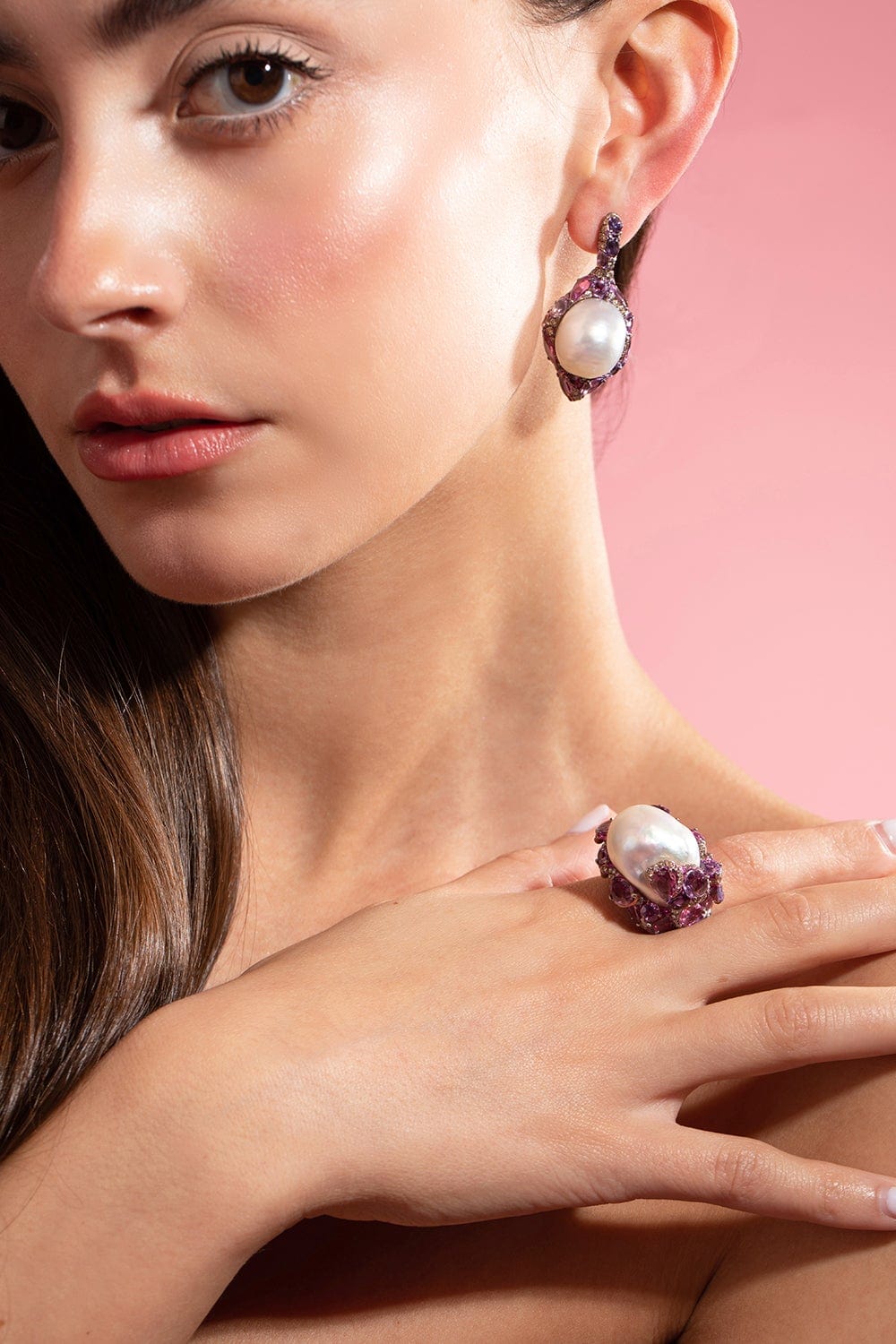 ARUNASHI-Pearl Encased Sapphire and Diamond Earrings-TITANIUM