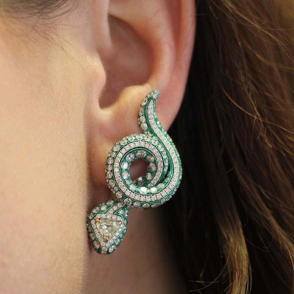 ARUNASHI-Yellow Diamond Snake Earrings-TITANIUM