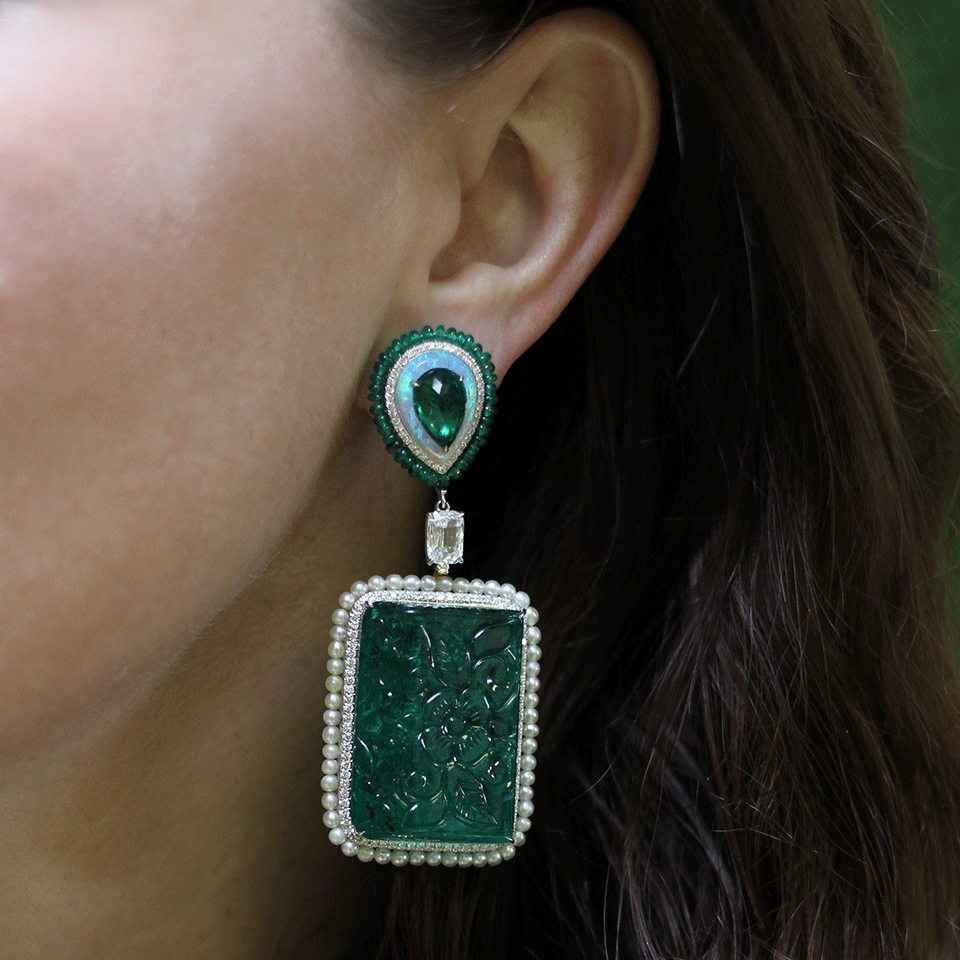 ARUNASHI-Carved Emerald And Opal Earrings-WHITE GOLD